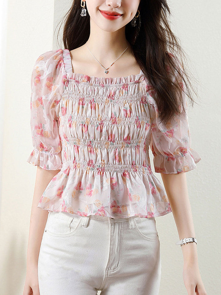 Amelia Retro Square Collar Floral Printed Blouse