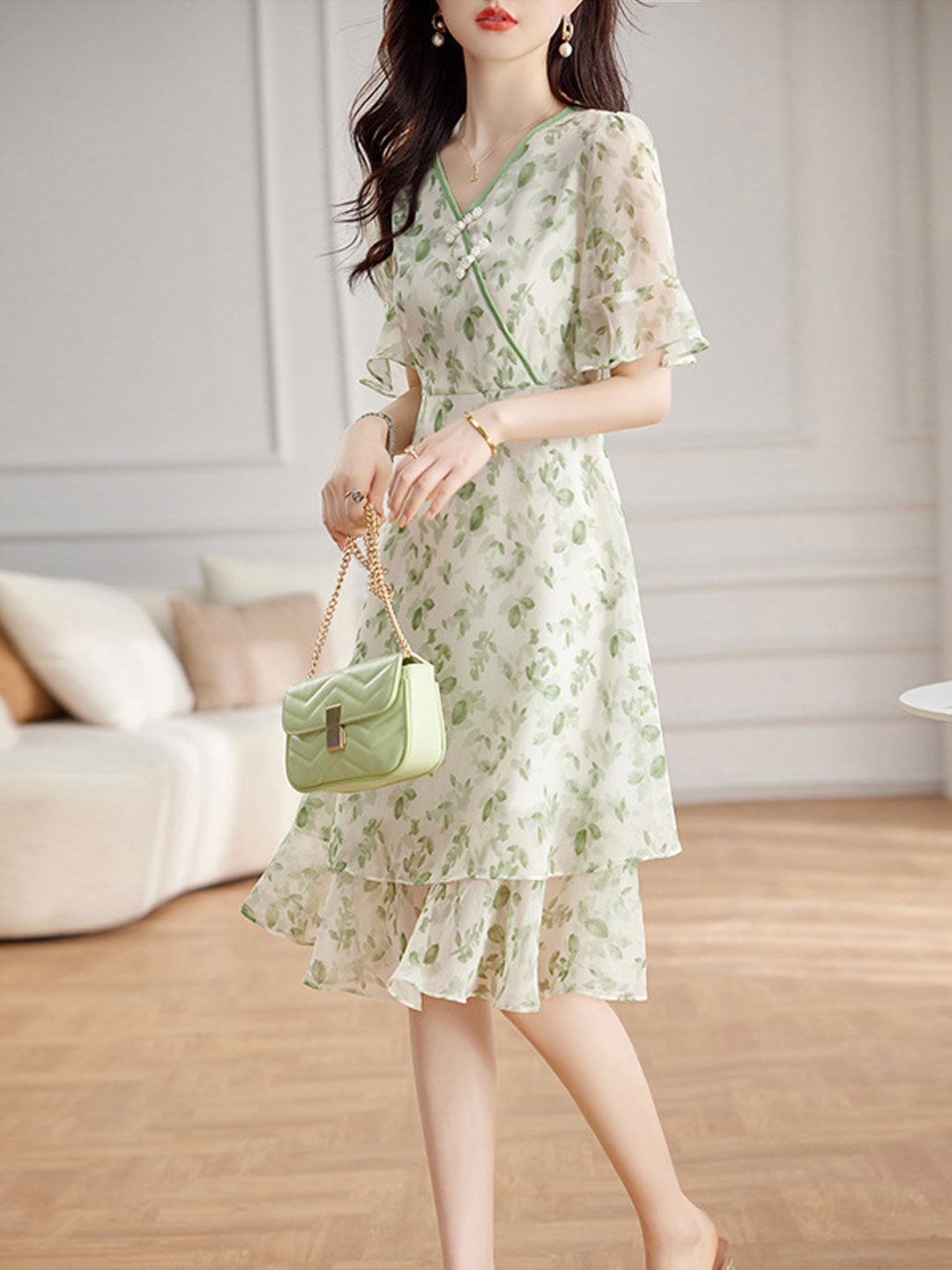 Brianna Elegant Flare Sleeve Printed Chiffon Dress