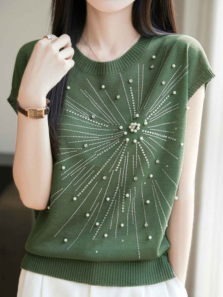 Jessica Loose Crew Neck Rhinestone Knitted Top-Green