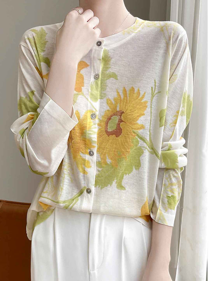 Lauren Casual Crew Neck Printed Knitted Cardigan-Yellow