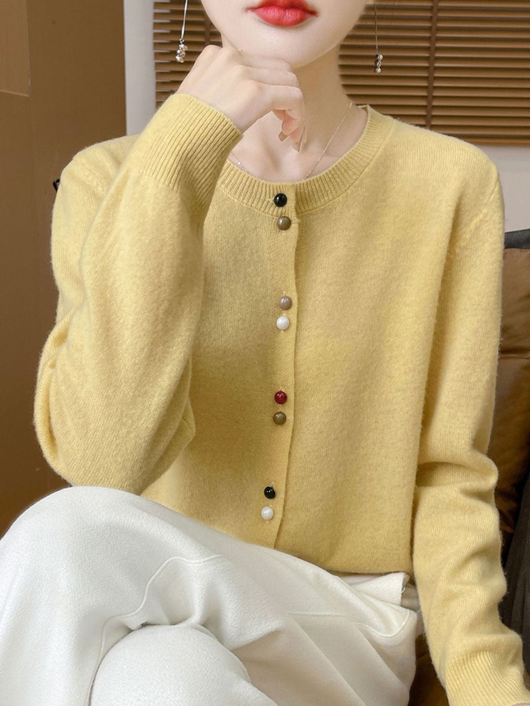 Mya Loose Crew Neck Solid Color Knitted Cardigan-Yellow