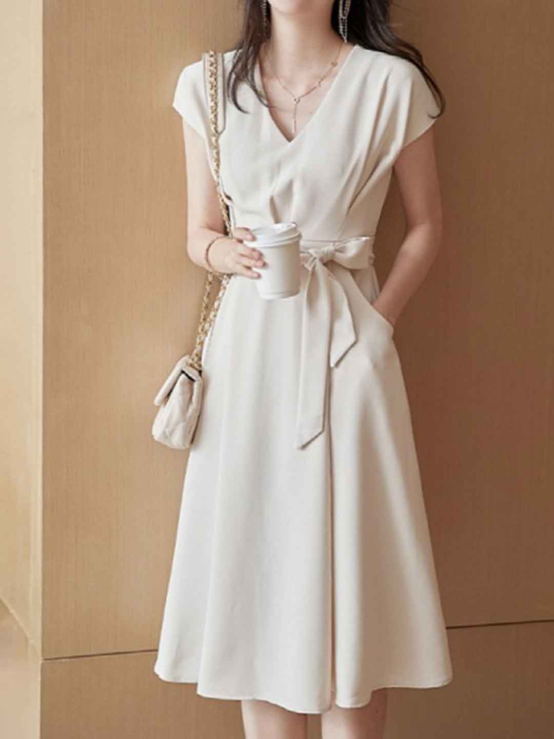 Brianna Classic V-Neck Solid Color Tie Dress