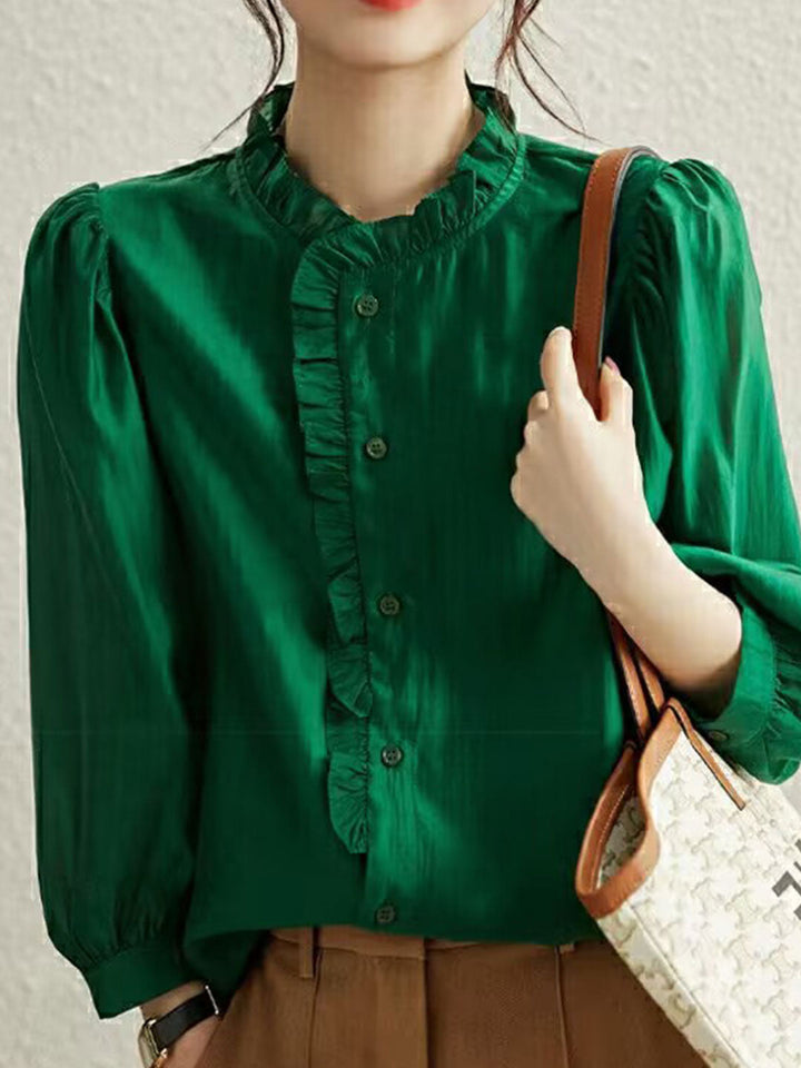 Mia Retro Auricular Chiffon Shirt-Green