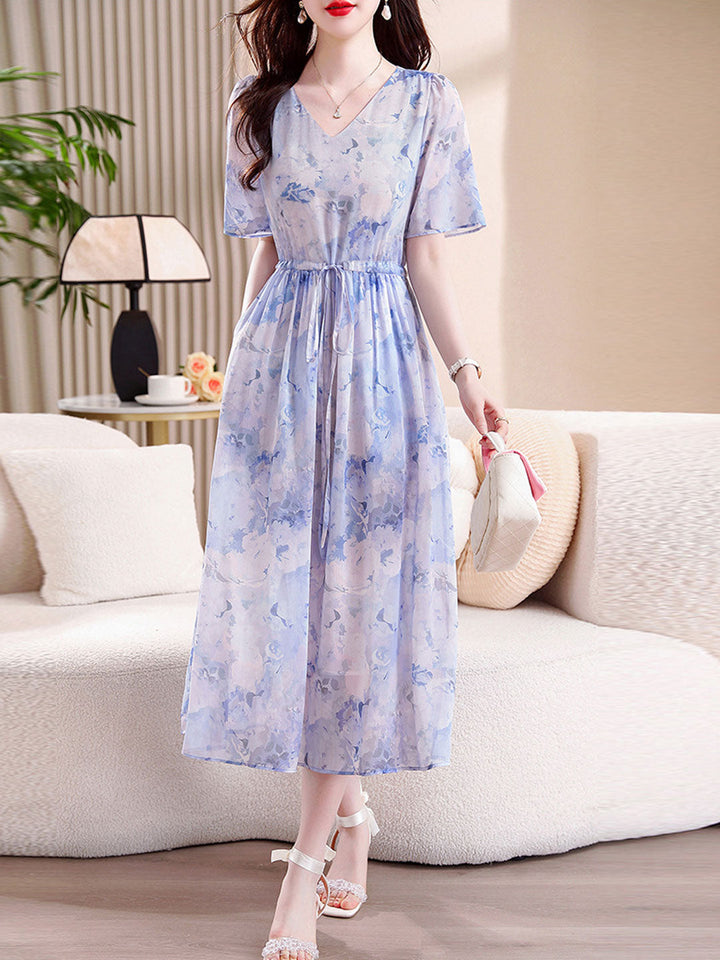 Mariah Classic V-neck Printed Tie Chiffon Dress