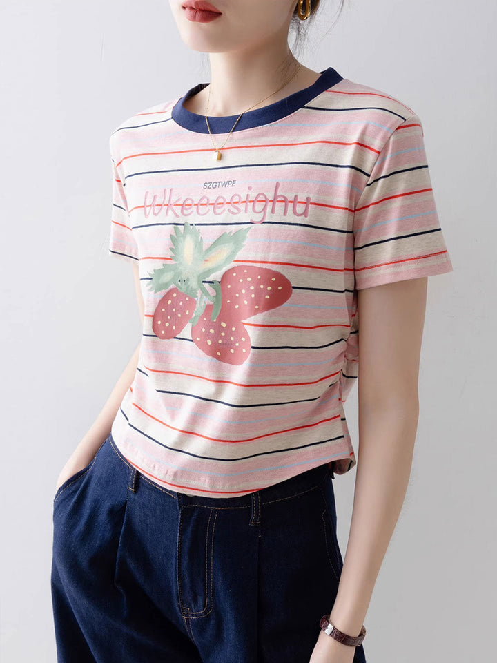 Brianna Cute Crew Neck Striped Printed Top