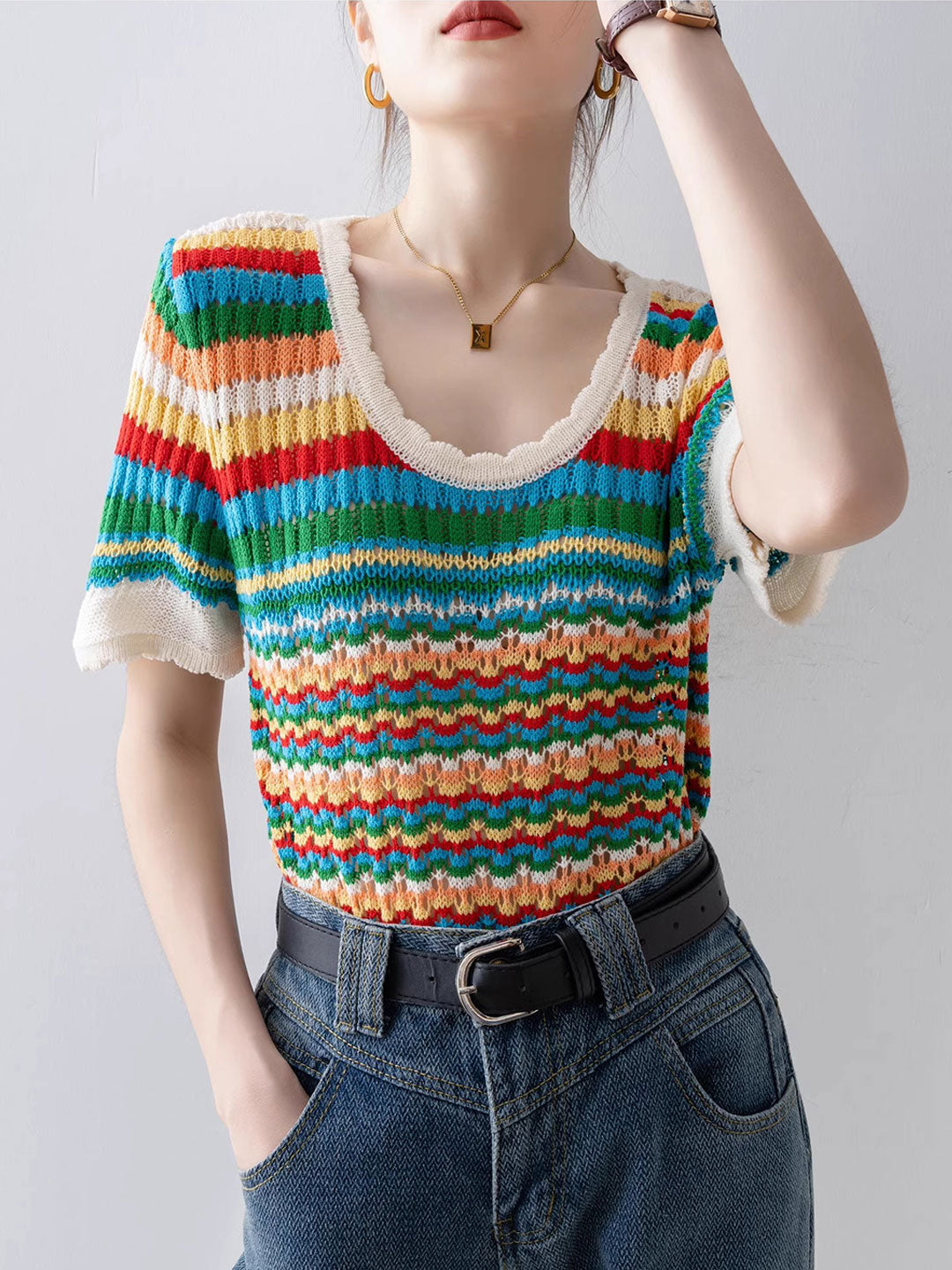 Nevaeh Classic Rainbow Striped Hollowed Knitted Top