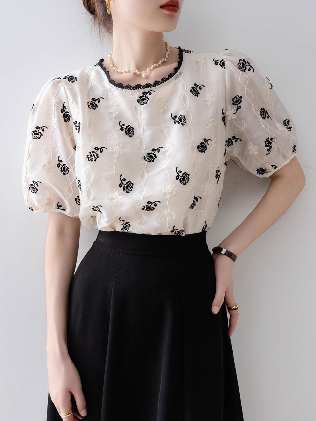 Mariah Vintage Puff Sleeve Embroidered Chiffon Top