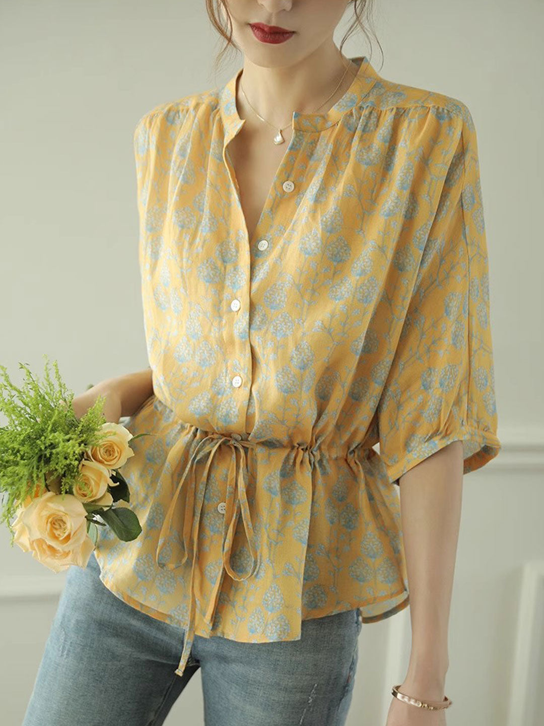 Sophia Loose V-Neck Floral Printed Blouse