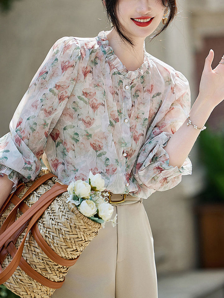 Zoe Classic Floral Ruffled Chiffon Shirt