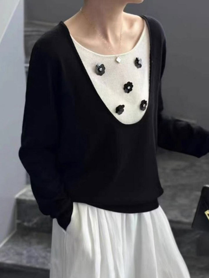 Olivia Casual Patchwork Flower Embellished Knitted Top