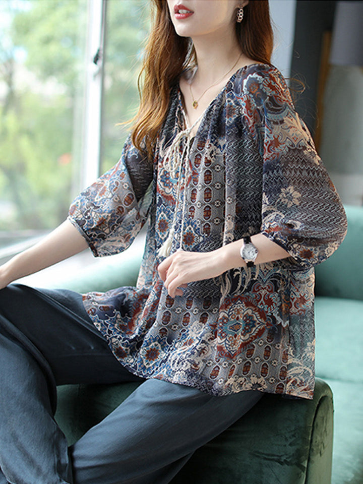 Kayla Loose Lantern Sleeve Auricular Floral Chiffon Top