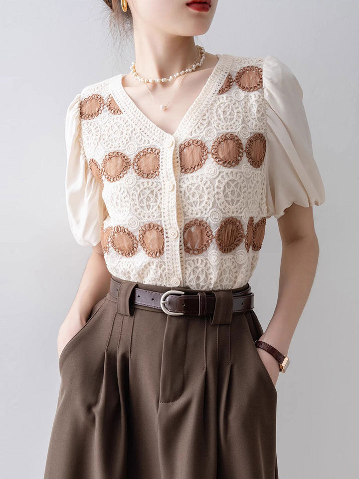 Avery Retro V-Neck Puff Sleeve Hollowed Top