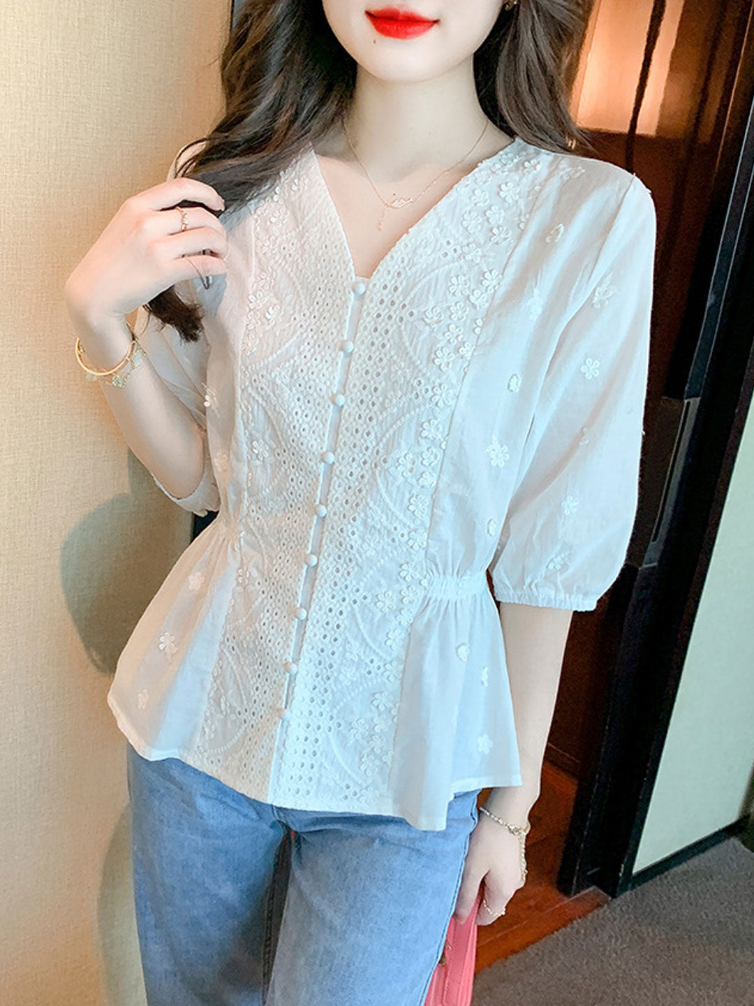 Mariah Retro V-Neck Embroidered Chiffon Top