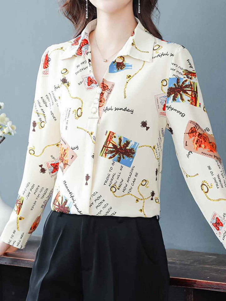 Zoey Loose Polo Neck Printed Chiffon Shirt