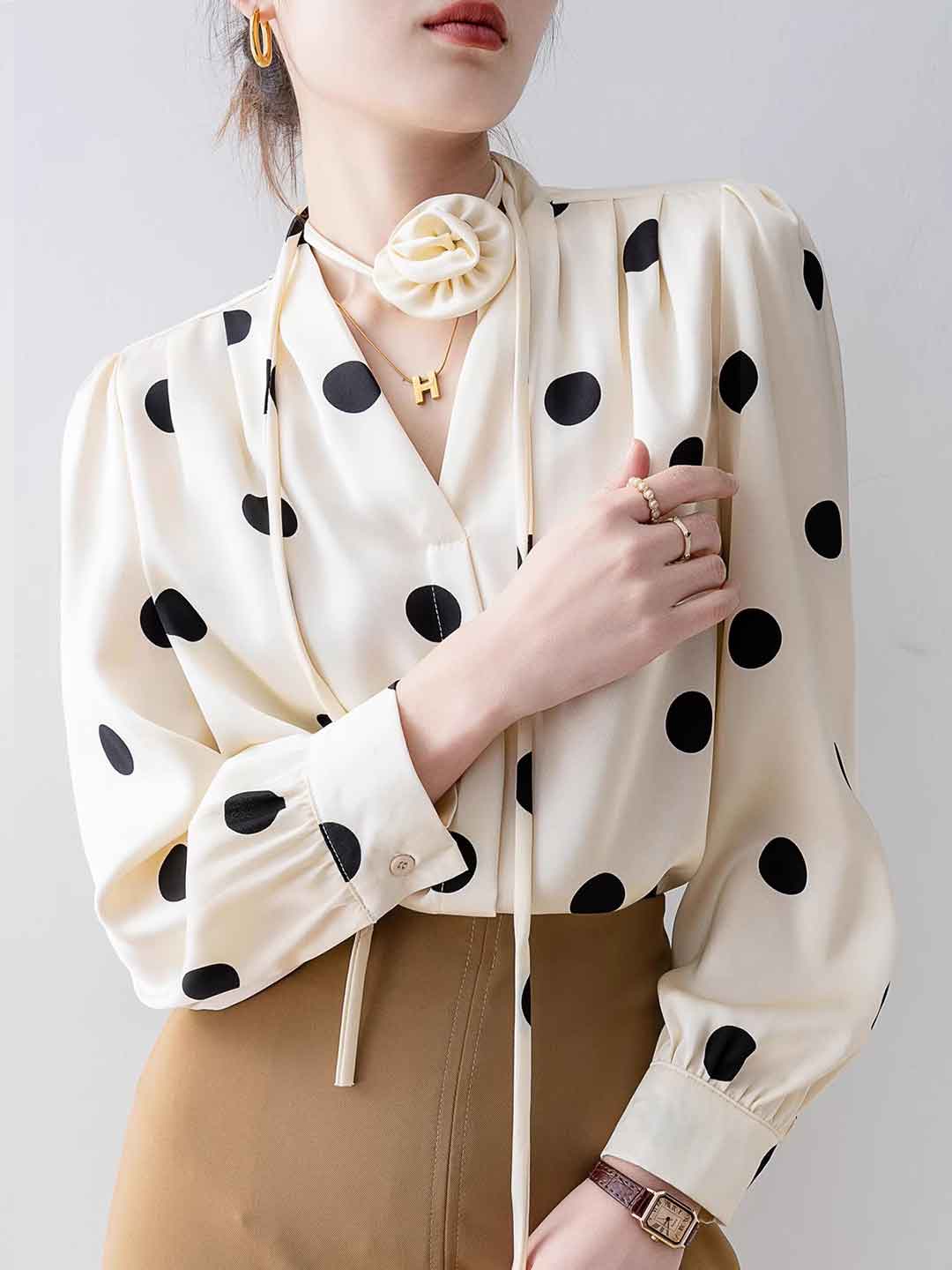 Faith Loose V-Neck Satin Polka Dot Shirt