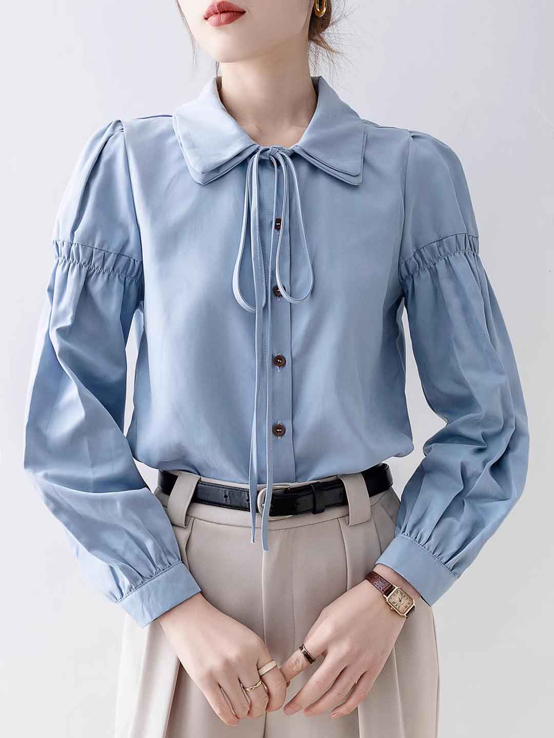 Hannah Classic Double Collar Tie Puff Sleeve Shirt