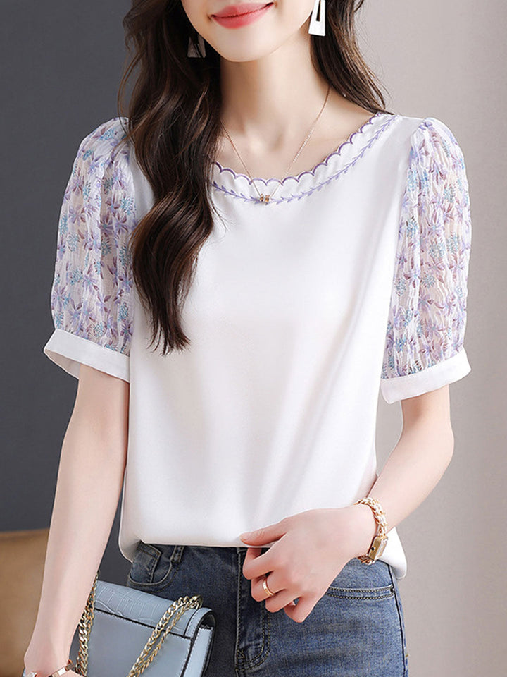 Chloe Classic Crew Neck Embroidered Floral Chiffon Top