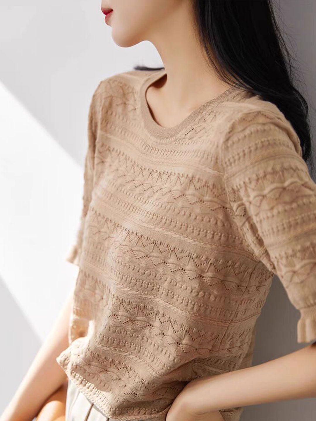 Taylor Classic Crew Neck Hollowed Knitted Top