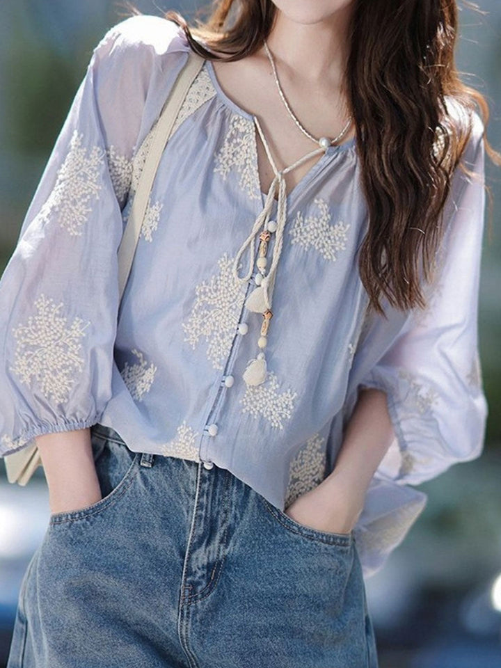 Bella Classic Crew Neck Tie Embroidered Blouse