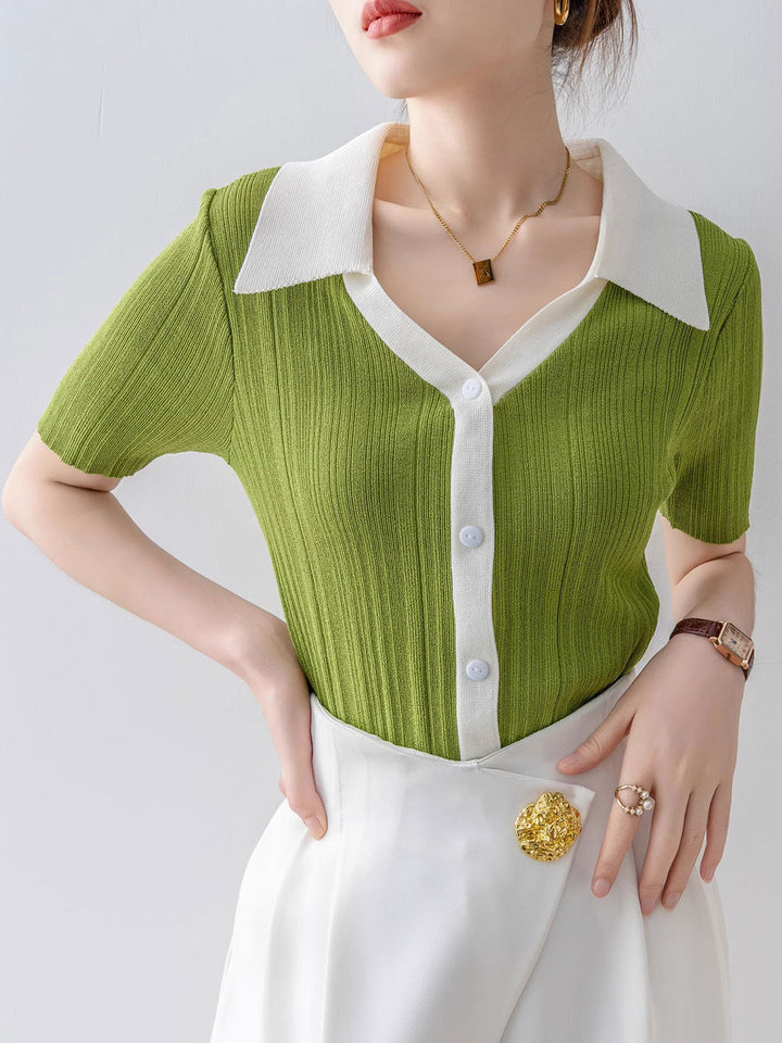 Molly Casual Polo Contrasted Color Knitted Top