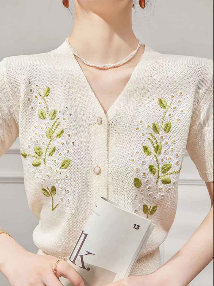 Kayla Classic V-Neck Embroidered Knitted Cardigan