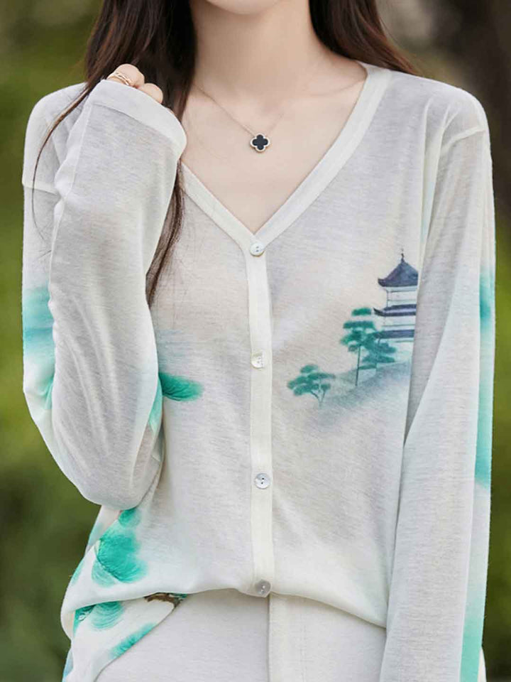 Sarah Loose V-Neck Printed Cardigan