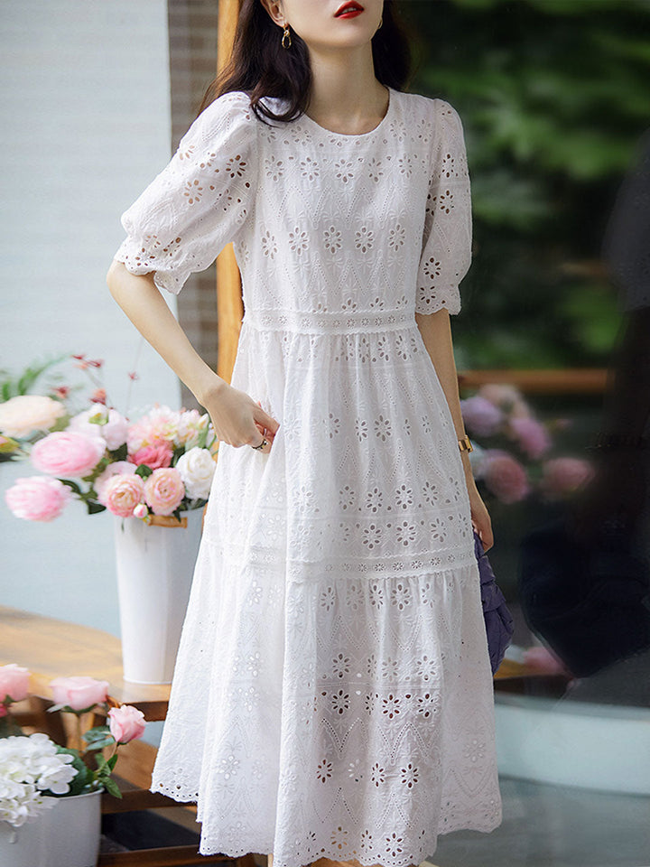 Sophie Classic Puff Sleeve Embroidered Hollowed Dress