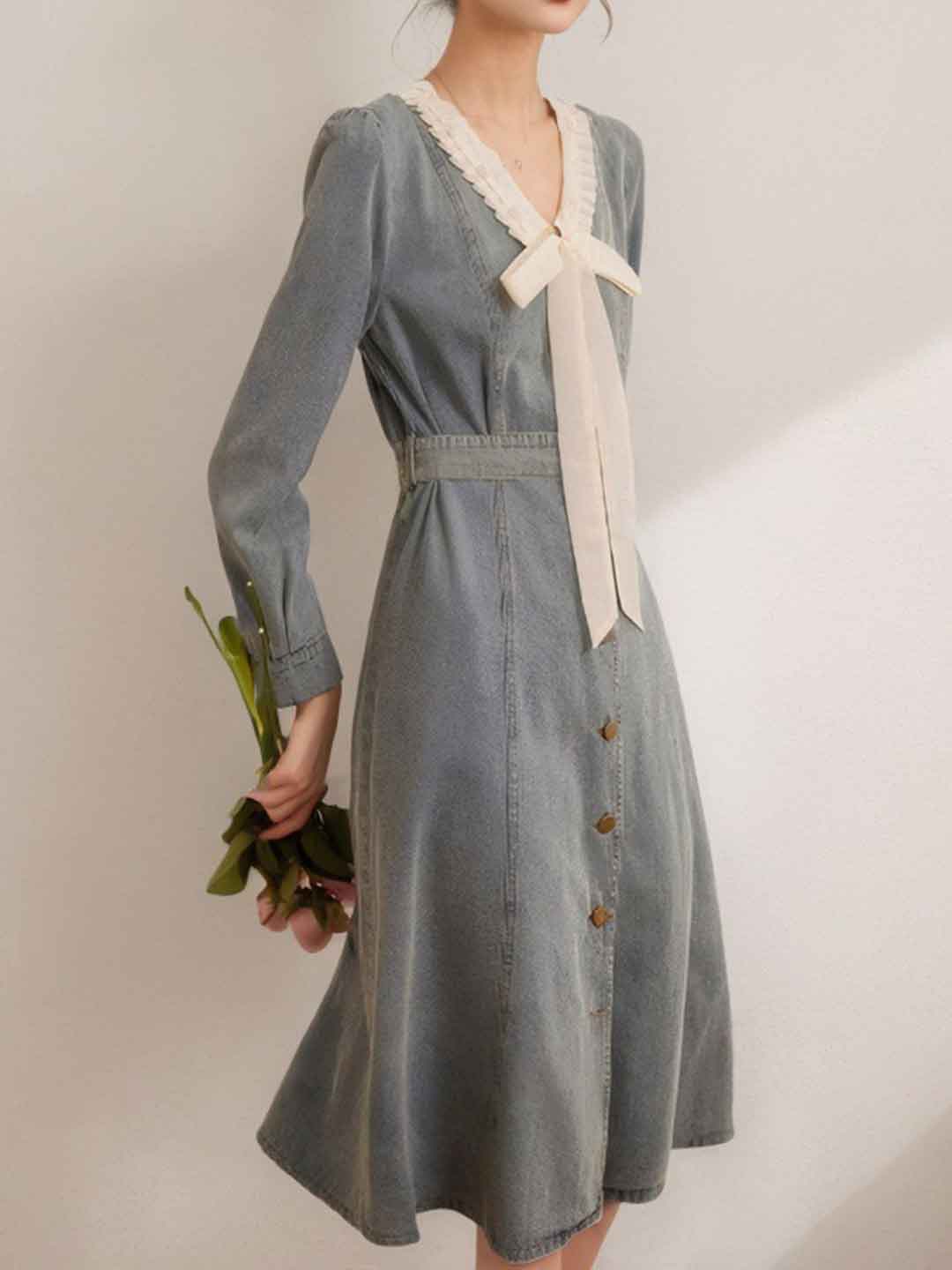 Elizabeth Casual V-Neck Contrast Color Denim Dress