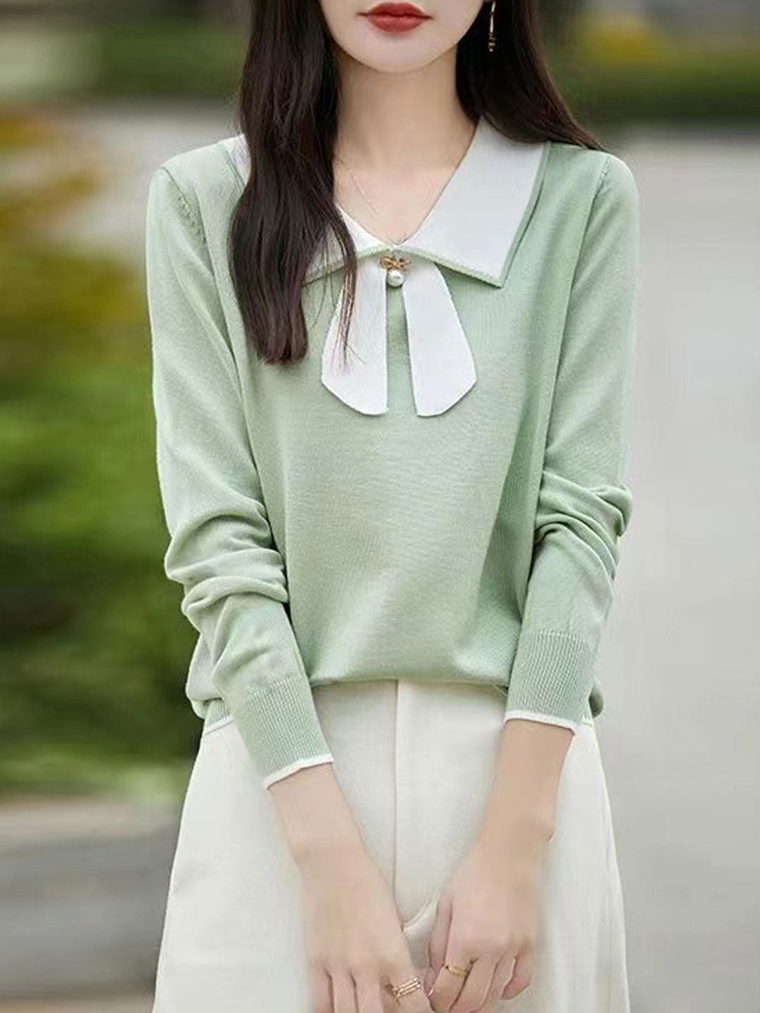 Natalie Cute Doll Collar Bow Colorblock Knitted Top