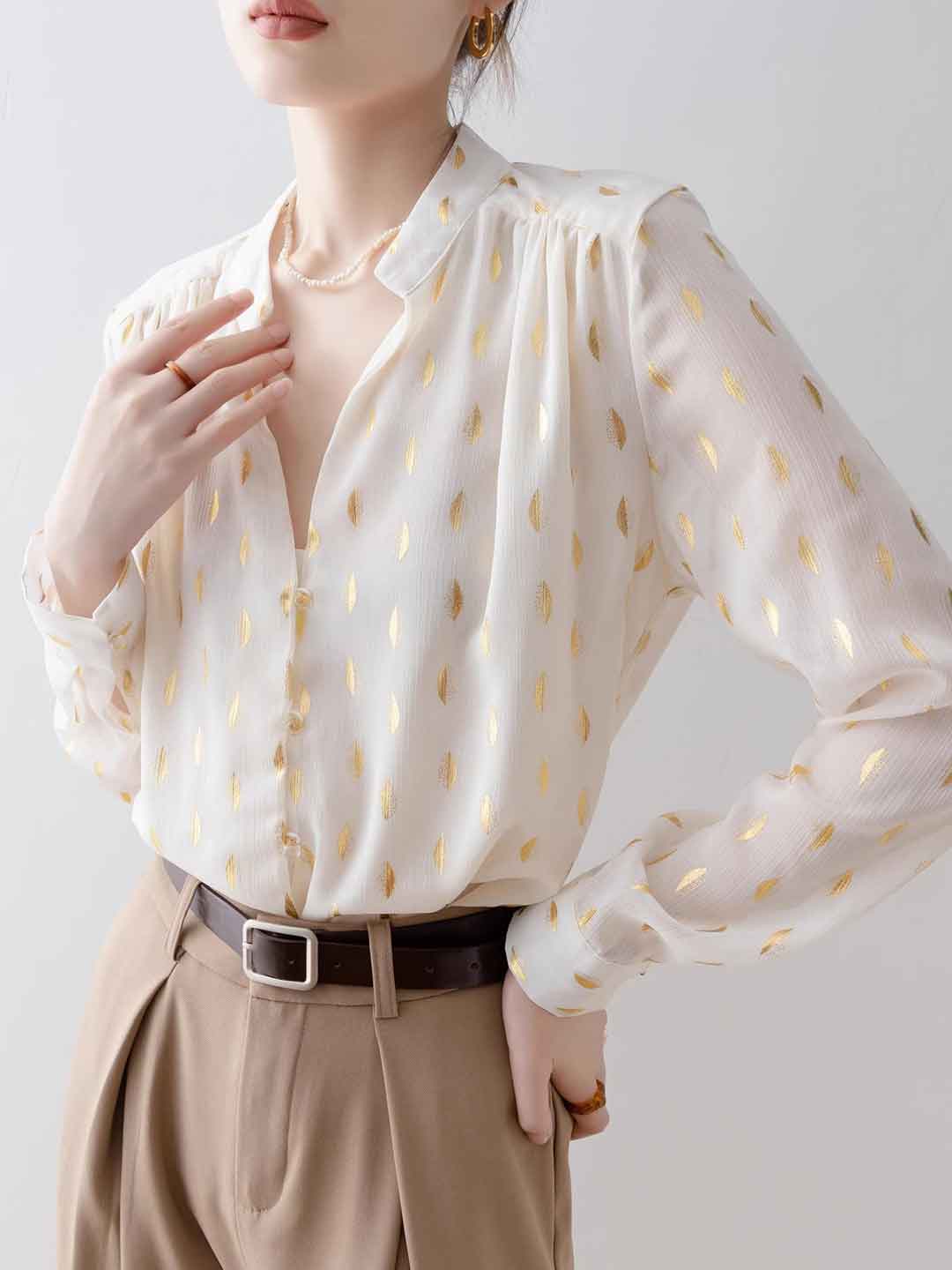 Ashley Loose V-neck Hot Stamping Chiffon Shirt