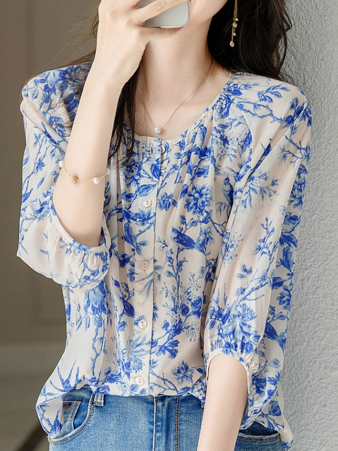 Jessica Elegant Crew Neck Puff Sleeve Printed Chiffon Top