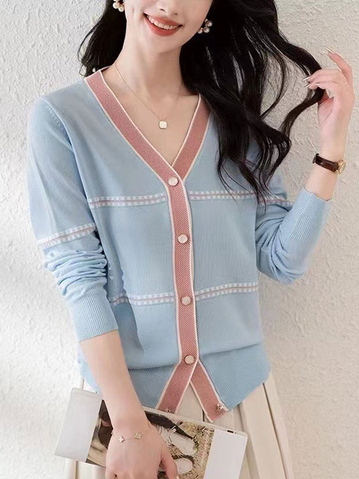 Ashley Loose V-Neck Colorblock Knitted Cardigan