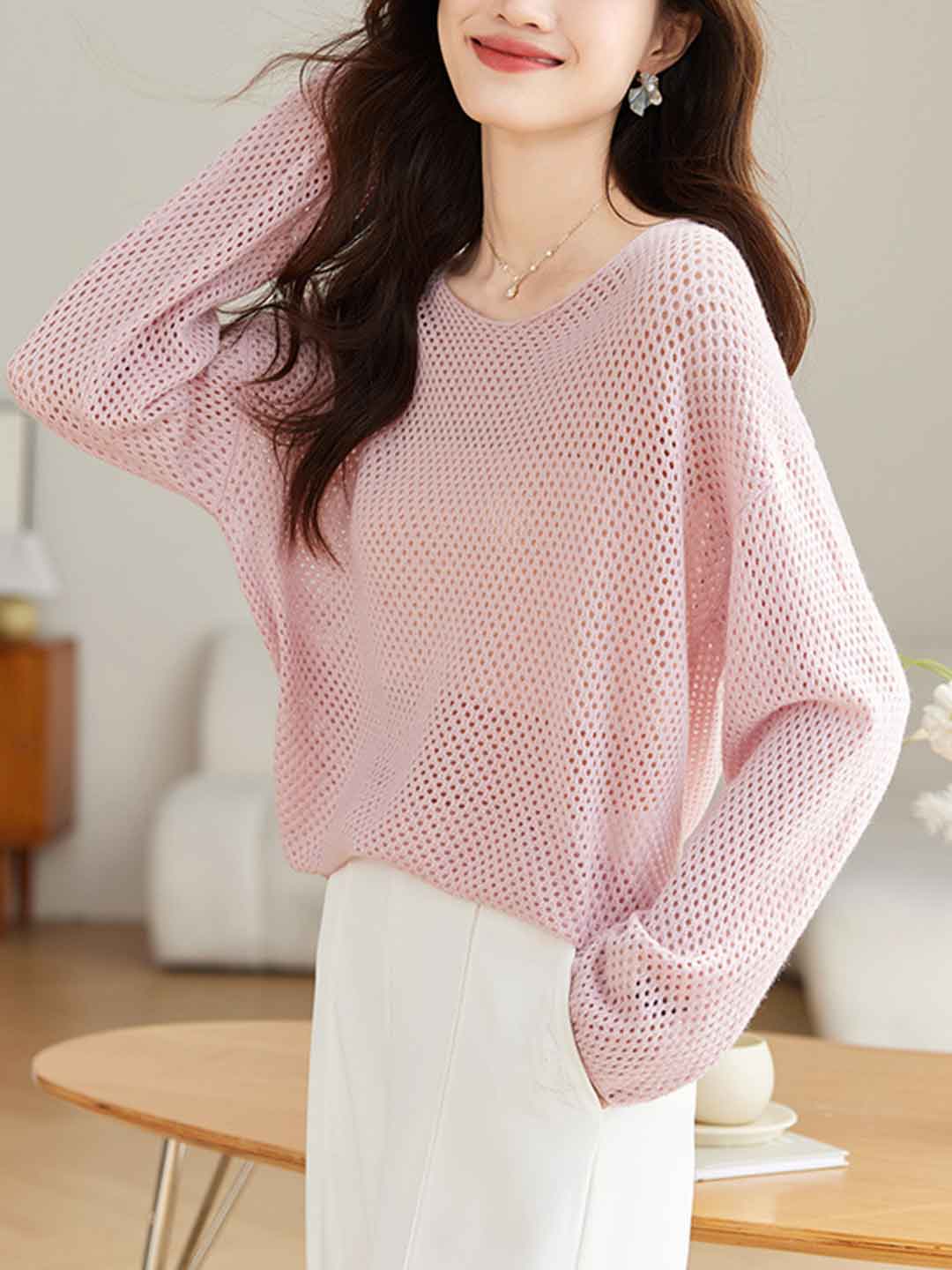 Andrea Loose Crew Neck Hollowed Knitted Top