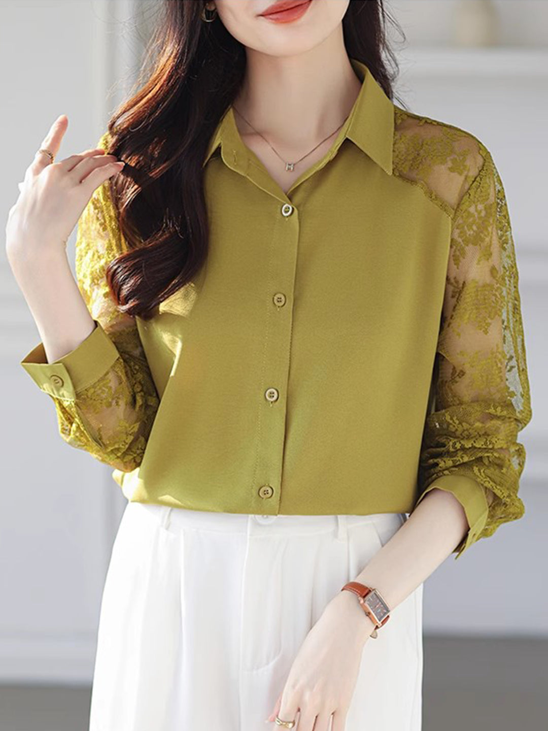 Sophie Loose Lapel Panel Lace Chiffon Shirt