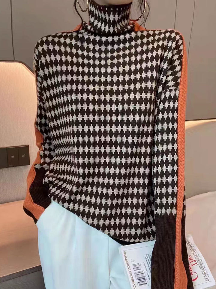 Faith Slim Turtleneck Checkerboard Knitted Sweater