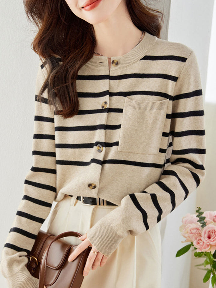 Eva Classic Crew Neck Striped Knitted Cardigan