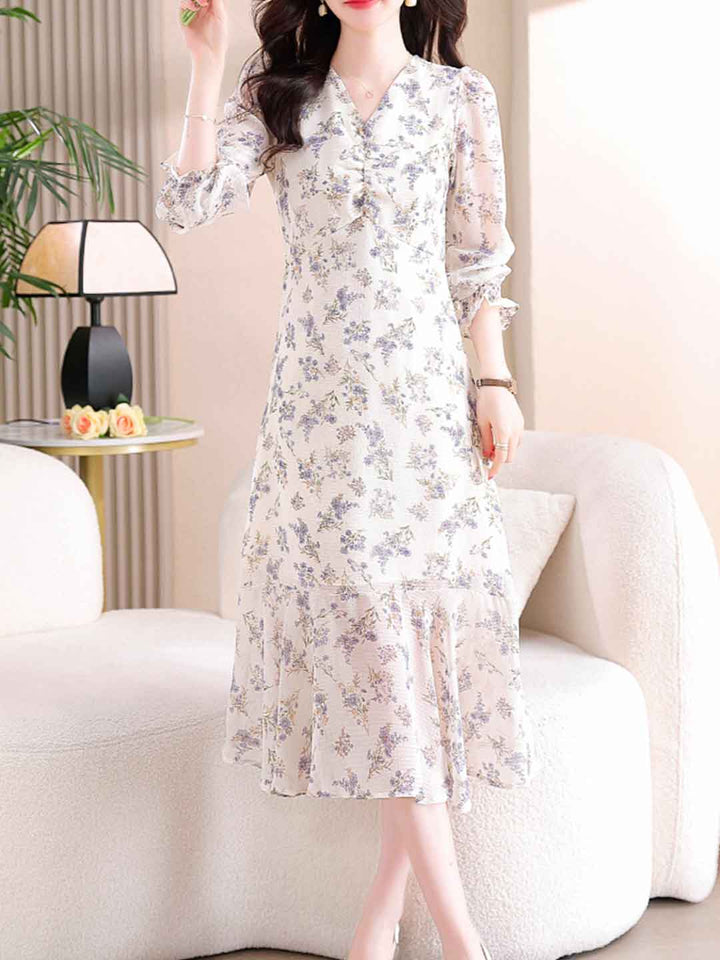 Sarah Elegant V-Neck Floral Chiffon Dress