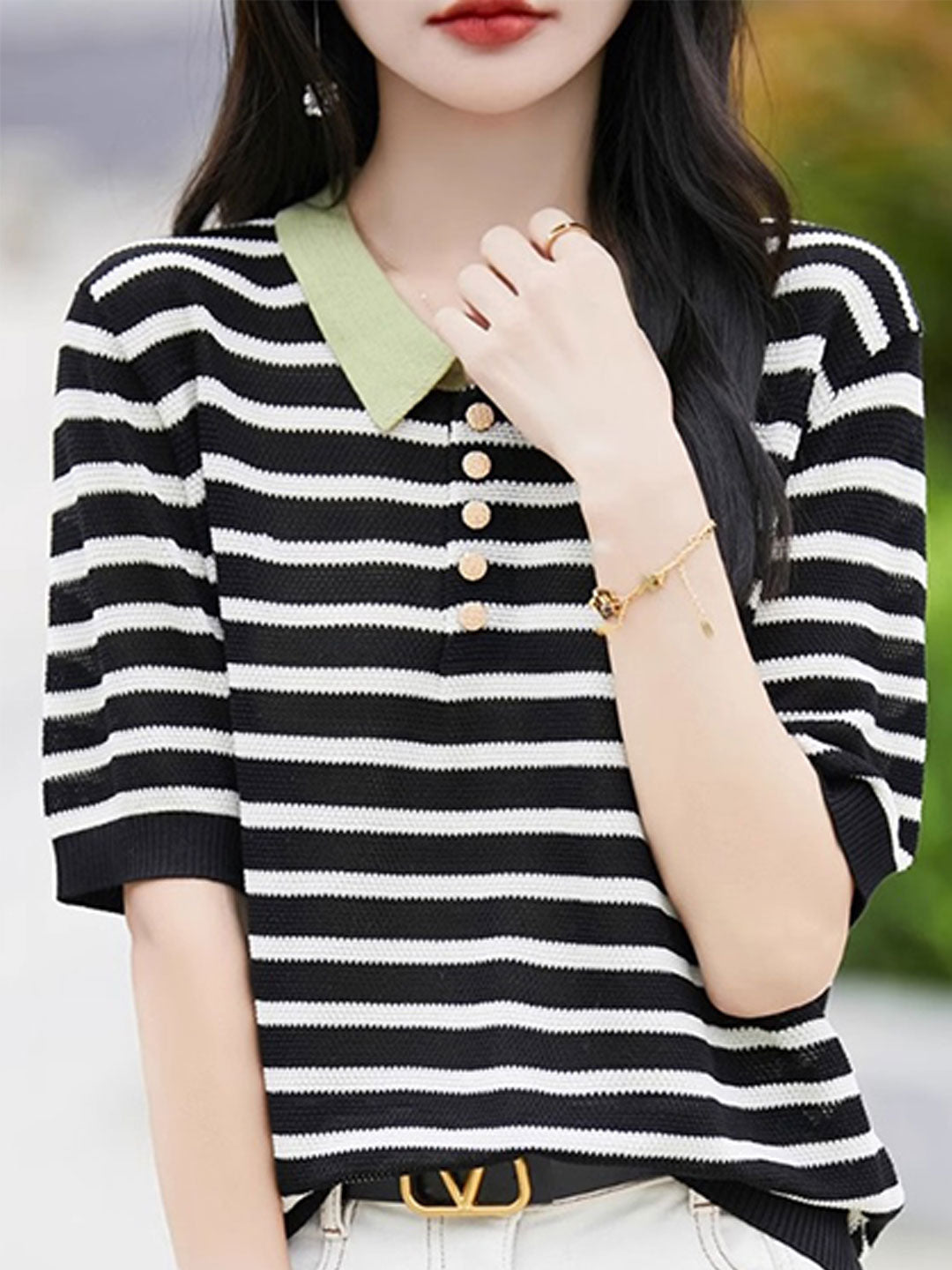 Mia Casual Polo Collar Striped Knitted Top