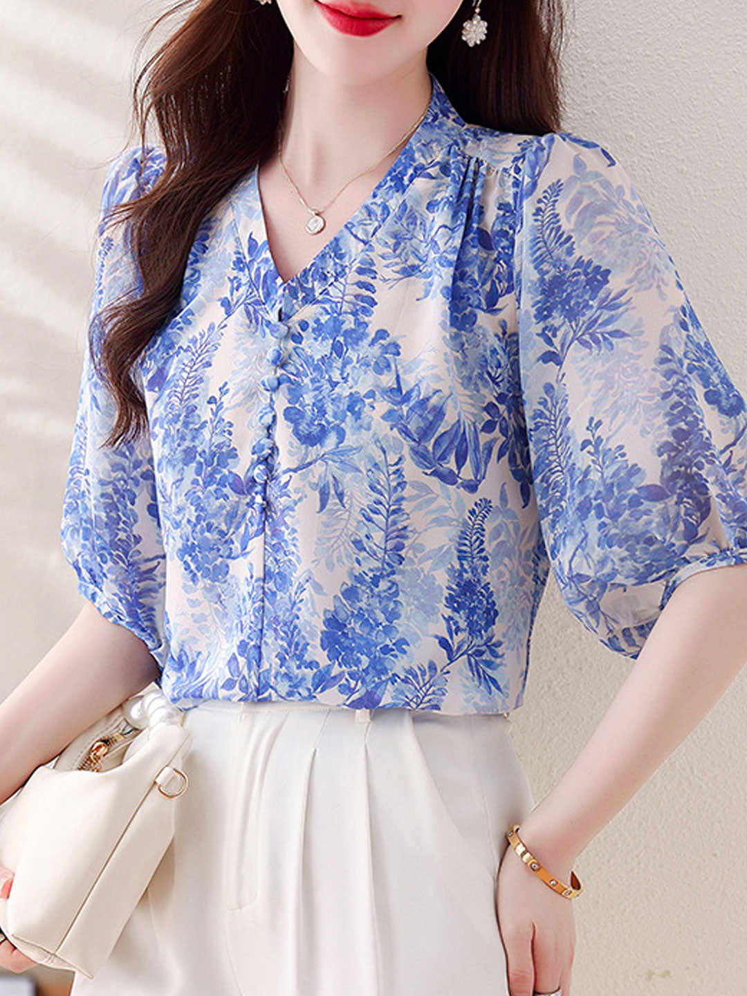 Elizabeth Classic V-Neck Puff Sleeve Patchwork Floral Top