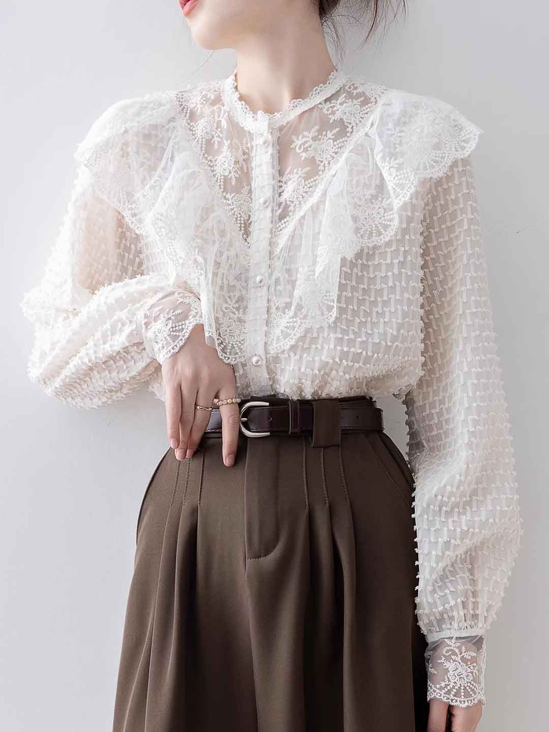 Olivia Vintage Crew Neck Lace Ruffle Mesh Shirt