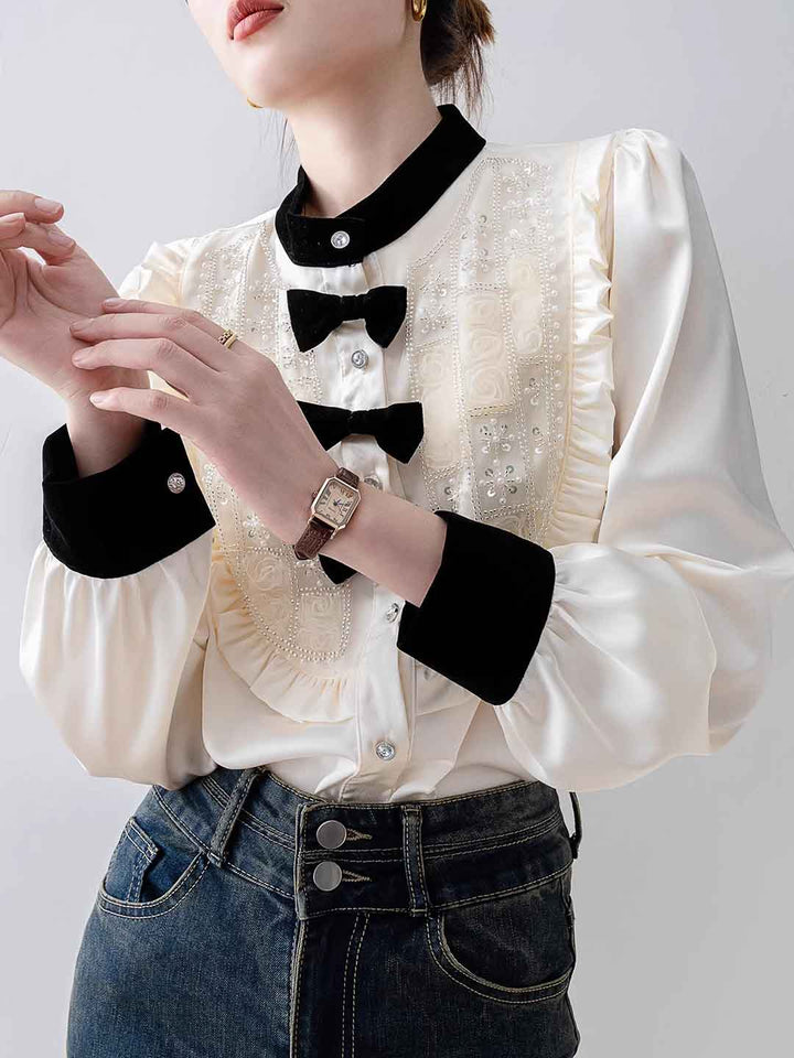 Mya Vintage Crew Neck Puffer Sleeve Satin Beaded Shirt