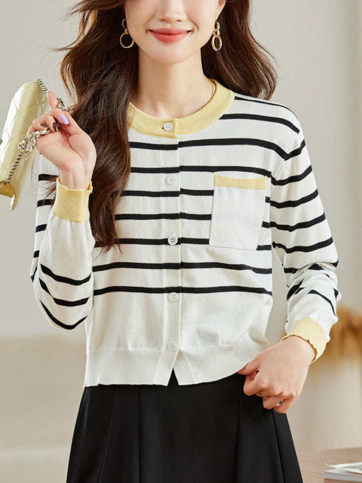 Mya Retro Crew Neck Striped Knitted Cardigan