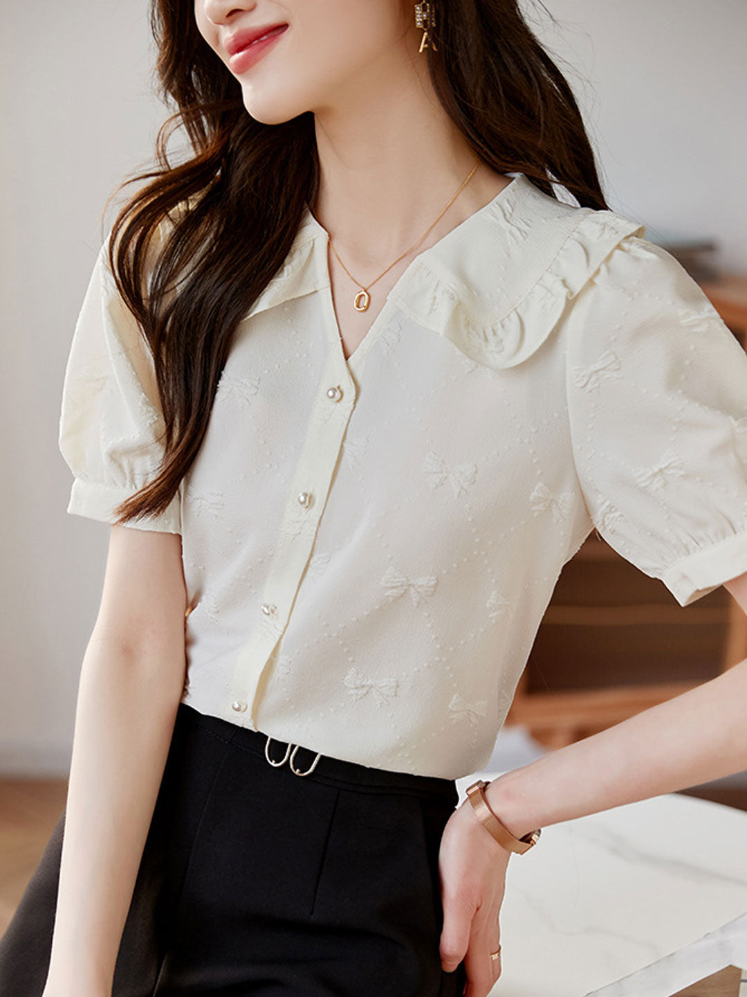 Emily Retro V-Neck Puff Sleeve Bow Embroidered Top