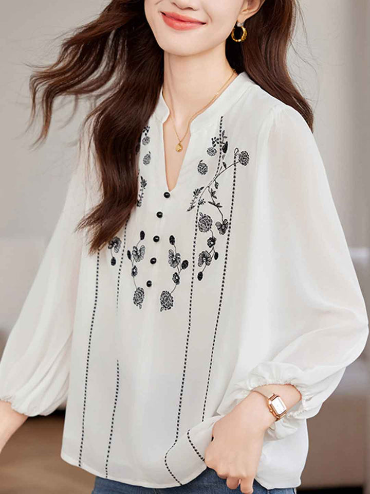 Sydney Loose V-Neck Lantern Sleeve Embroidered Chiffon Top