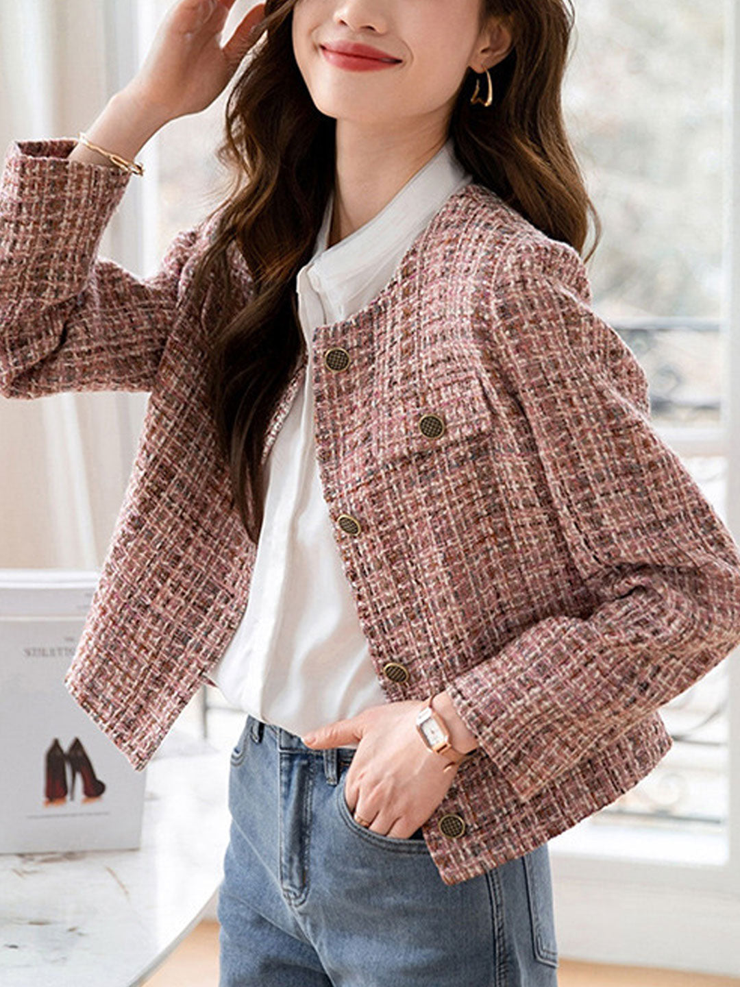 Chloe Elegant Crew Neck Pink Tweed Jacket