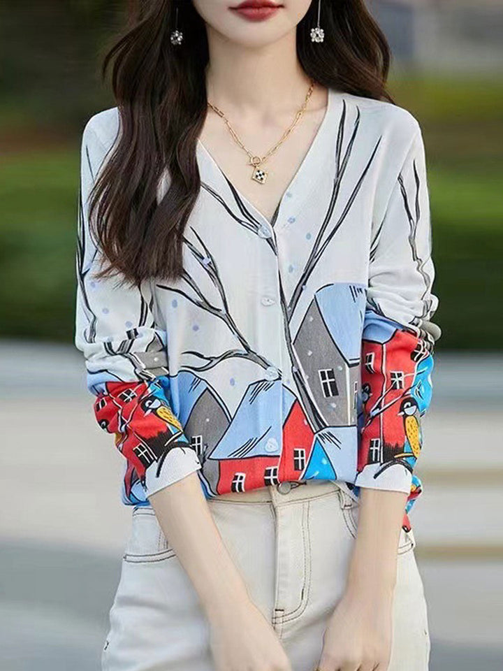 Isabella Elegant V-neck Printed Knitted Cardigan