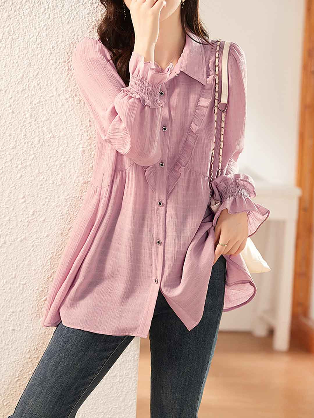 Alyssa Casual Pink Polo Chiffon Loose Shirt