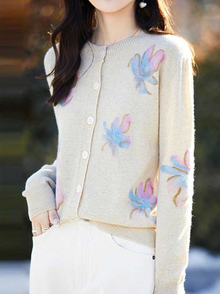 Zoe Causal Crew Neck Floral Knitted Cardigan