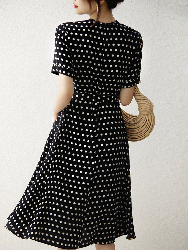 Chloe Elegant Crew Neck Tie Polka Dot Chiffon Dress