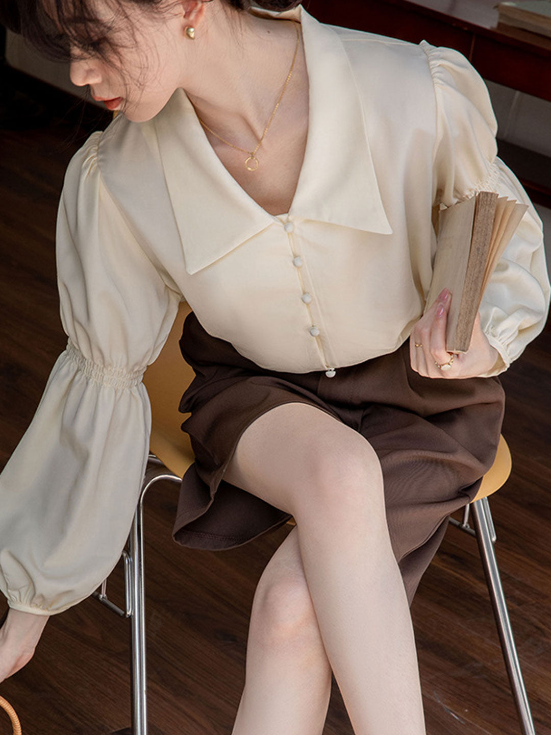 Olivia Lapel Loose Balloon Sleeve Chiffon Blouse